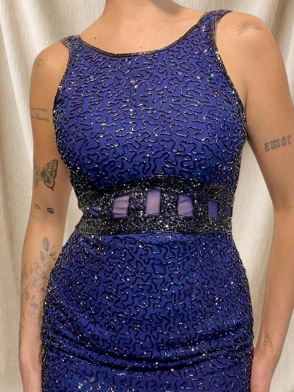 Beaded silk violet dress with sheer waist detail
